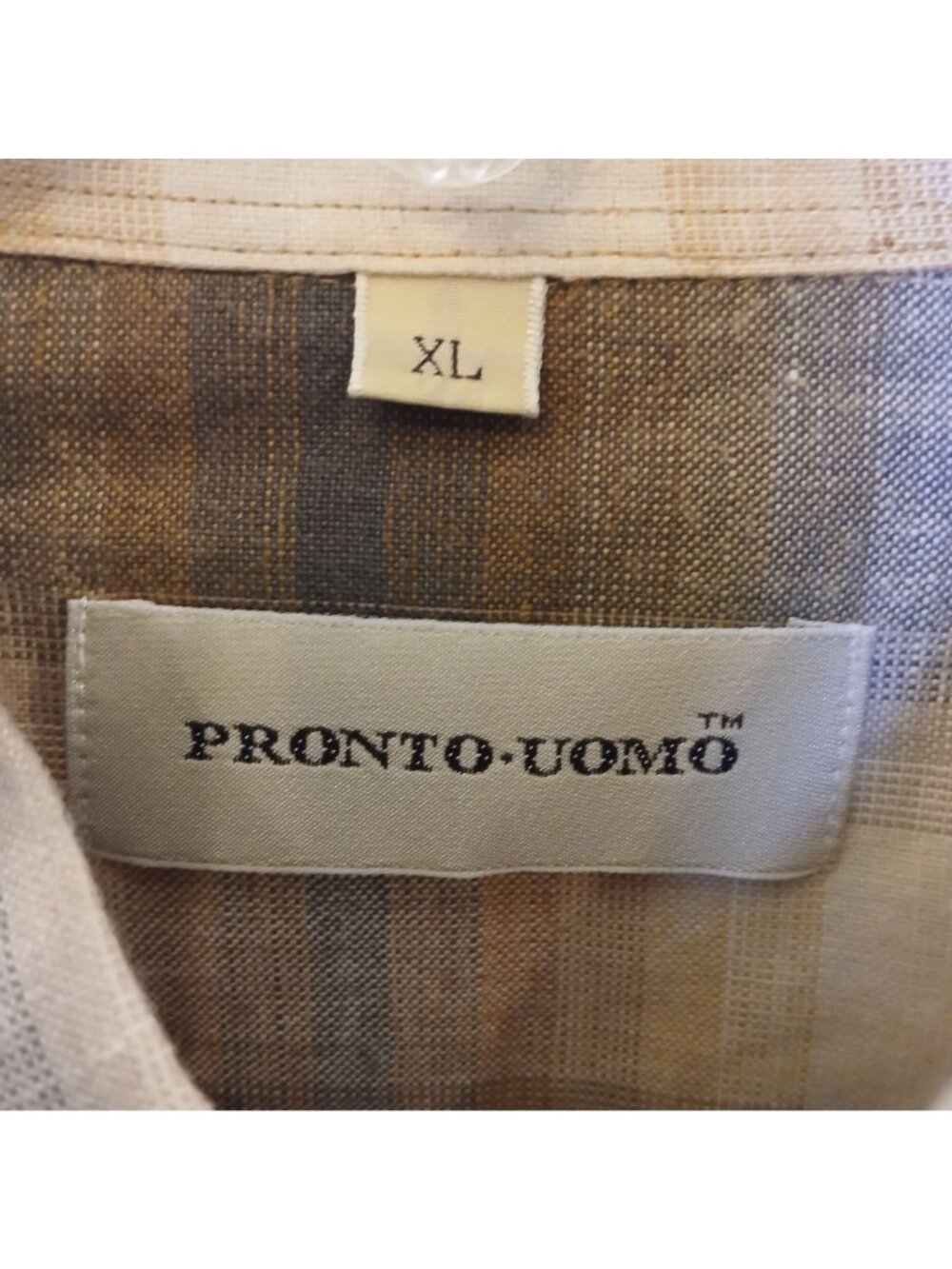 Pronto Uomo Short Sleeve Button-Up Shirt XL Linen/Cotton Blend Brown Plaid #I-5 - Picture 3 of 7